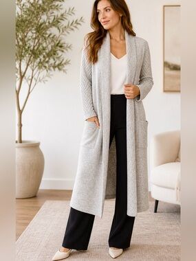 Tahari Cashmere & Marino Wool Long Duster Cardigan Grey Sz M NWT Soft